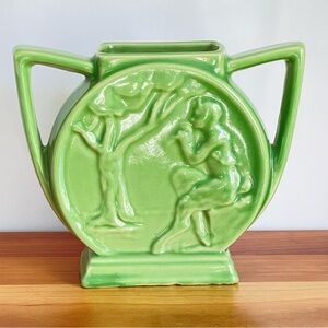 Green Art Deco Style Vase Rare Alamo Pottery MCM Greek God Pan & Grapevine